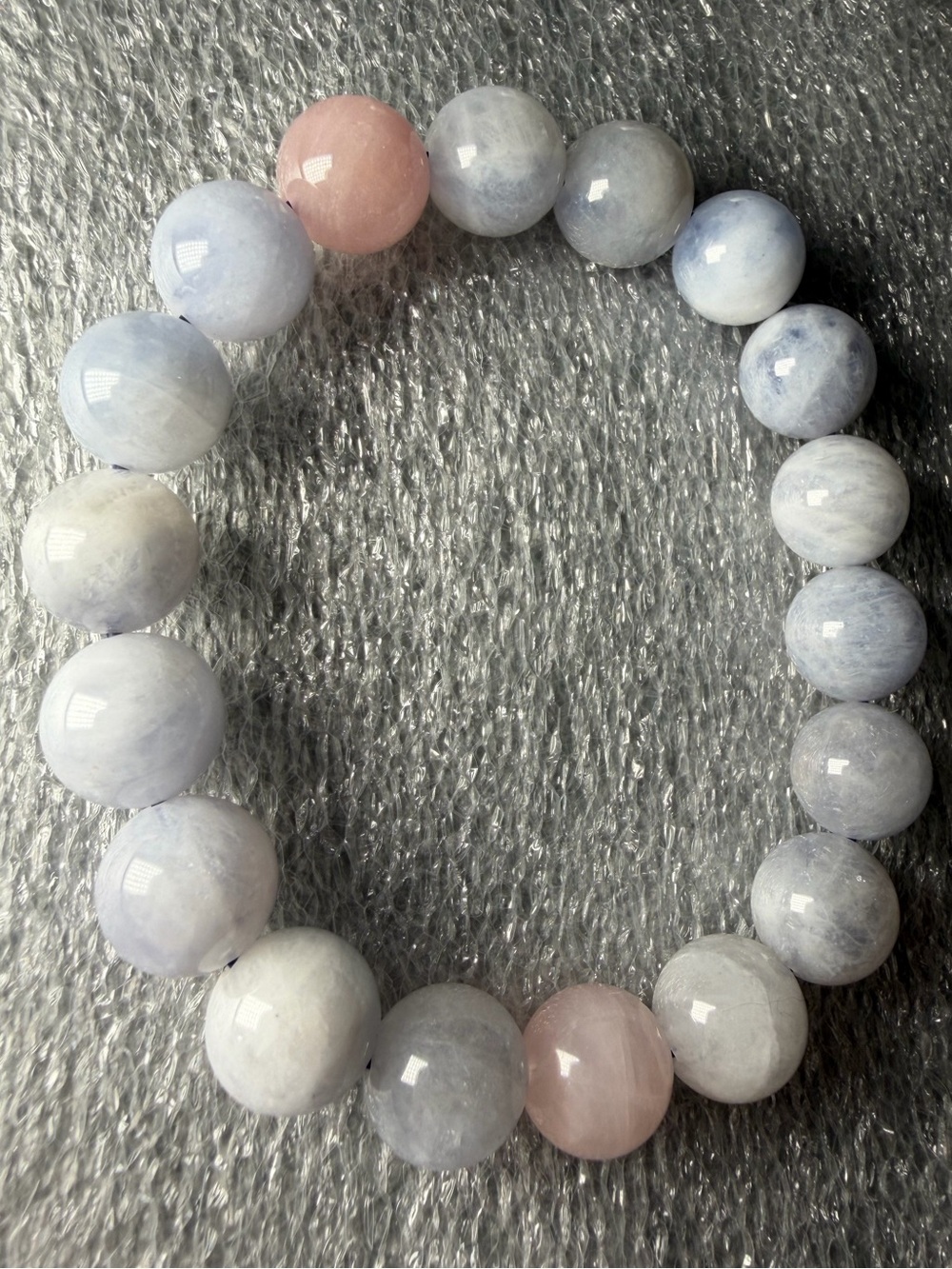 Beautiful 12MM “Periwinkle” Blue Rose Quartz Natural Crystal Bracelet